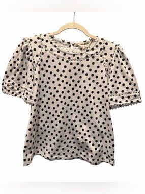 Boden Feminine White & Black Polka Dot Puff Sleeve Top W/ Lace Trim Size 8 US